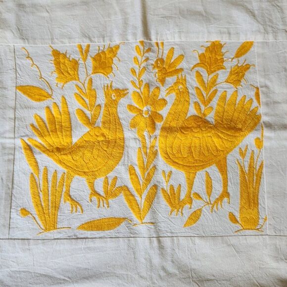 Otomi 20" Pillow Cover Only Oversized Square Hand Embroidered Yellow Birds NEW - Picture 4 of 11